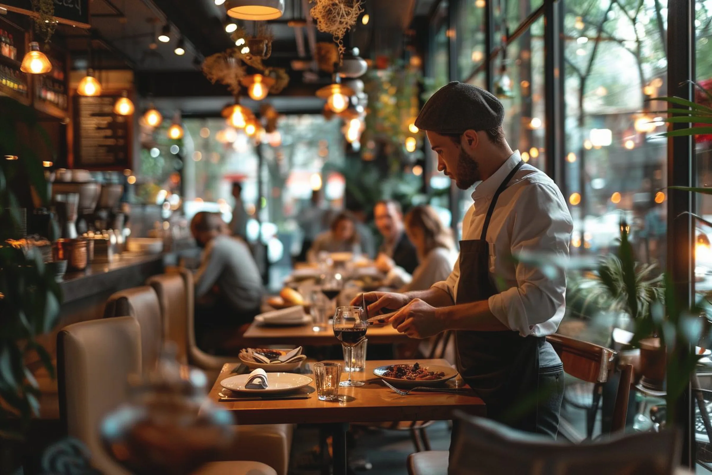 Camarero colocando un plato en la mesa de un restaurante