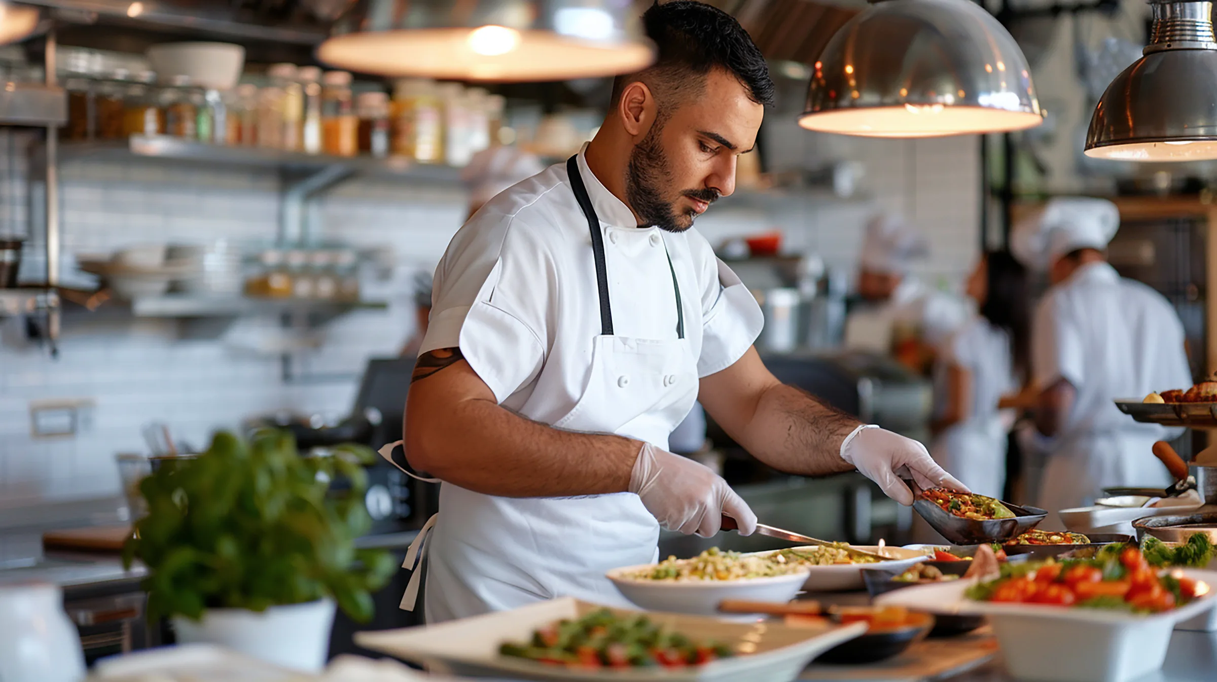 Chef emplatando varios platos en una cocina profesional