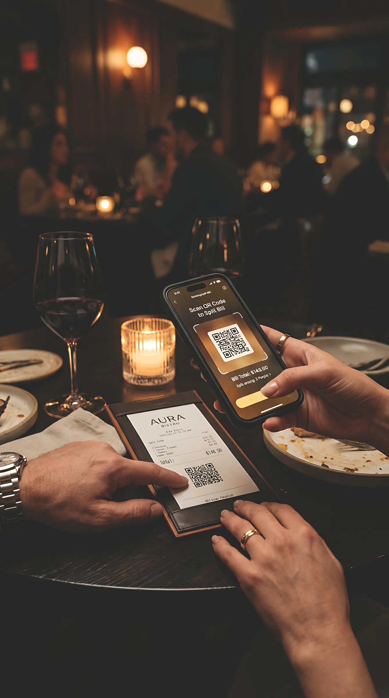 Personas consultando y pagando una cuenta de restaurante mediante un código QR